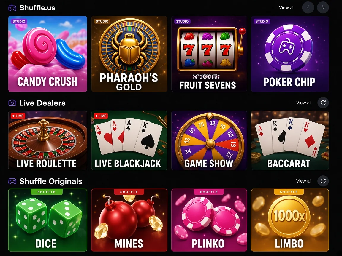 Shuffle.us lobby rows for slots, live dealers and Shuffle Originals