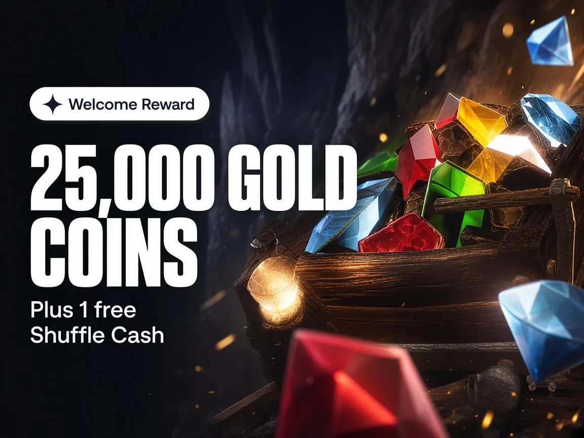 Shuffle.us welcome reward banner with 25,000 Gold Coins and a mine cart of gems